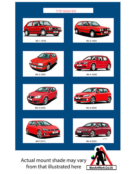 Volkswagen VW Golf GTi Mk1, Mk2, Mk3, Mk4, Mk5, Mk6, Mk7, Mk8 in RedA4 Art Print