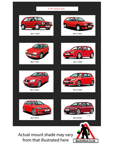 Volkswagen VW Golf GTi Mk1, Mk2, Mk3, Mk4, Mk5, Mk6, Mk7, Mk8 in RedA4 Art Print