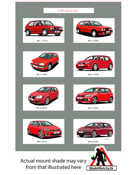 Volkswagen VW Golf GTi Mk1, Mk2, Mk3, Mk4, Mk5, Mk6, Mk7, Mk8 in RedA4 Art Print