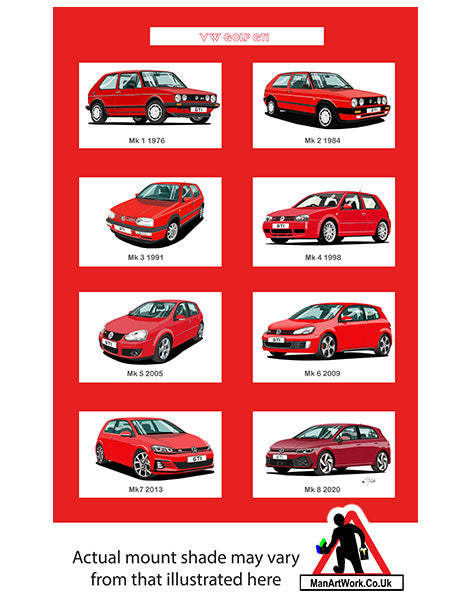 Volkswagen VW Golf GTi Mk1, Mk2, Mk3, Mk4, Mk5, Mk6, Mk7, Mk8 in RedA4 Art Print