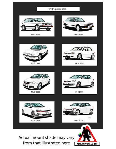 Volkswagen VW Golf GTi Mk1, Mk2, Mk3, Mk4, Mk5, Mk6, Mk7, Mk8 in White A4 Art Print