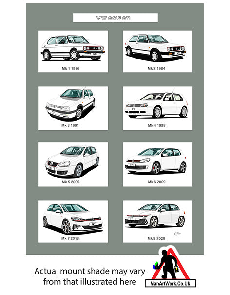 Volkswagen VW Golf GTi Mk1, Mk2, Mk3, Mk4, Mk5, Mk6, Mk7, Mk8 in White A4 Art Print