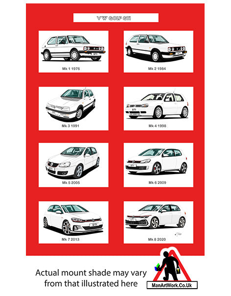 Volkswagen VW Golf GTi Mk1, Mk2, Mk3, Mk4, Mk5, Mk6, Mk7, Mk8 in White A4 Art Print