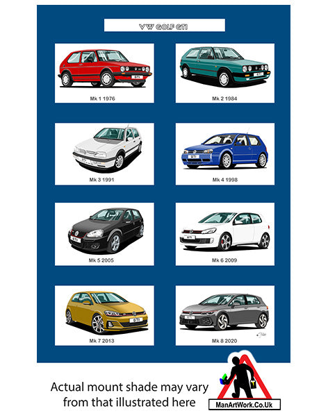 Volkswagen VW Golf GTi Mk1, Mk2, Mk3, Mk4, Mk5, Mk6, Mk7, Mk8 A4 Art Print 