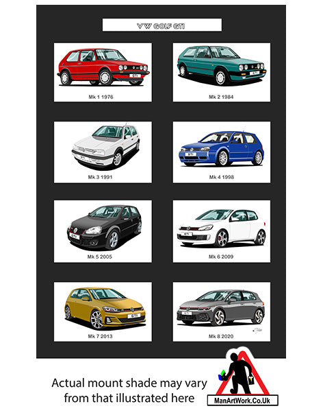 Volkswagen VW Golf GTi Mk1, Mk2, Mk3, Mk4, Mk5, Mk6, Mk7, Mk8 A4 Art Print 