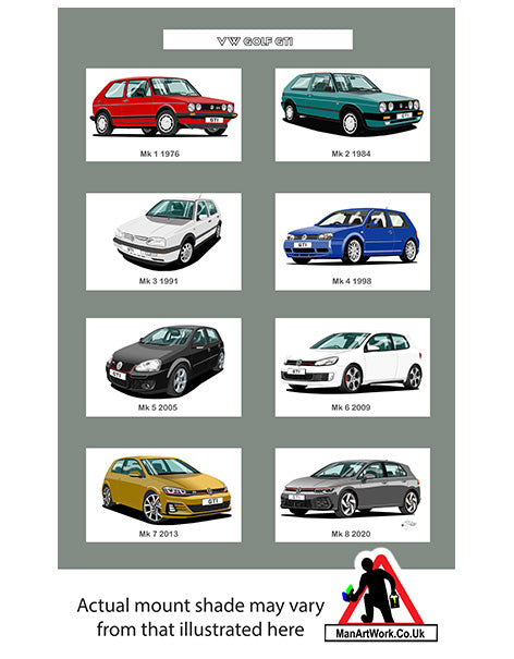 Volkswagen VW Golf GTi Mk1, Mk2, Mk3, Mk4, Mk5, Mk6, Mk7, Mk8 A4 Art Print 