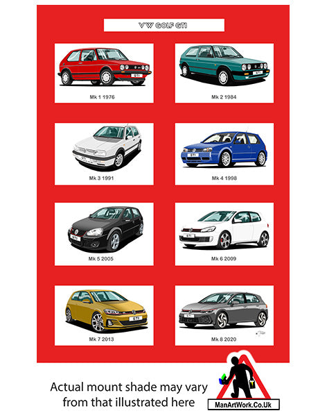 Volkswagen VW Golf GTi Mk1, Mk2, Mk3, Mk4, Mk5, Mk6, Mk7, Mk8 A4 Art Print 